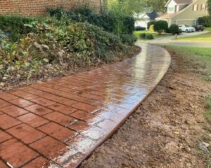 Wet red brick pathway in residential garden