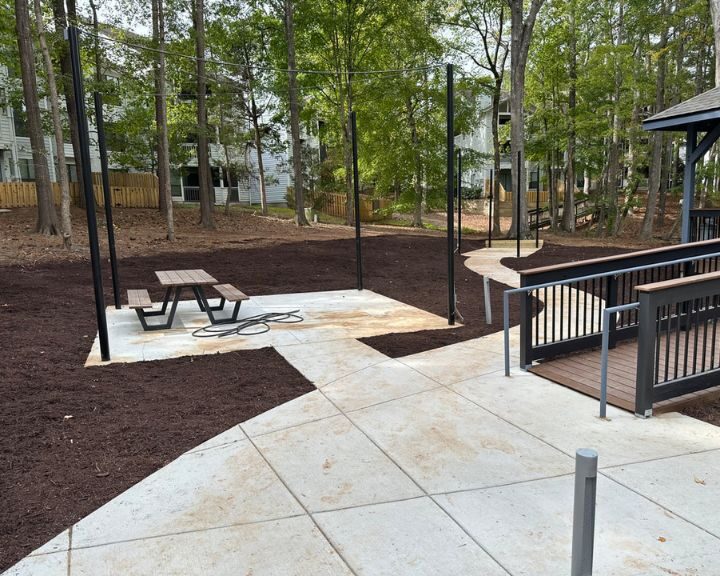 Outdoor picnic area with tables and paths.