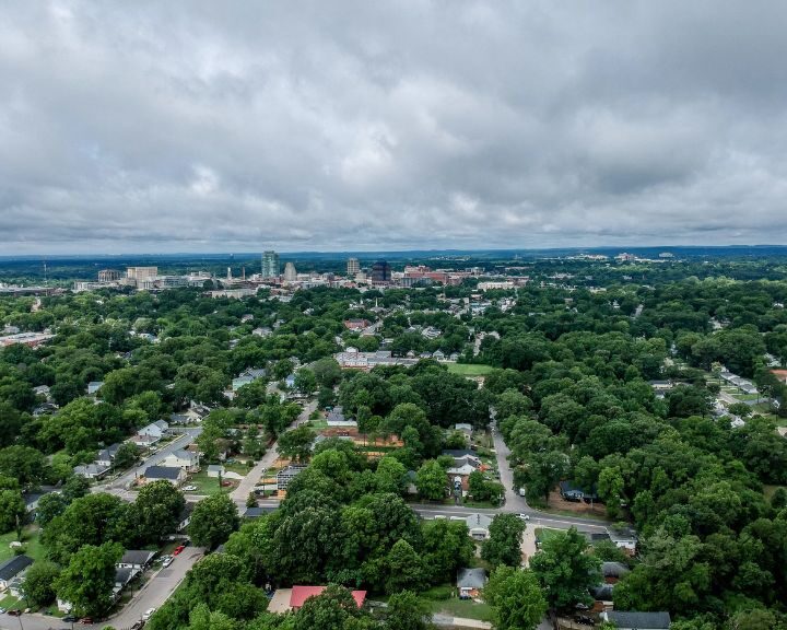 Aerial view of cityscape with trees and overcast sky.