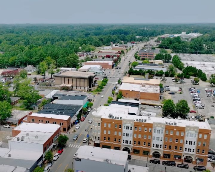 Aerial view of small town with street and trees.